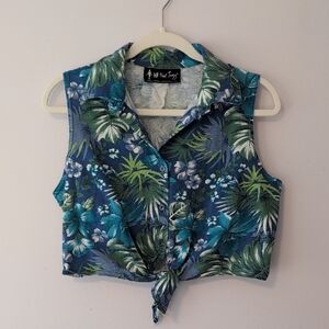 Vintage Tropical Sleeveless Tie-Front Top